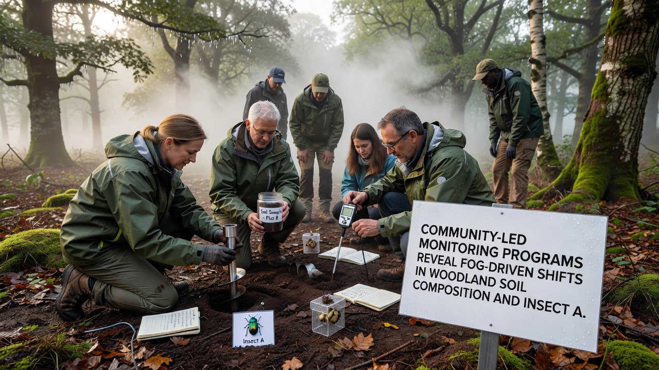 Close-up of insect traps and soil core samples collected by community monitors in fog-covered woodland